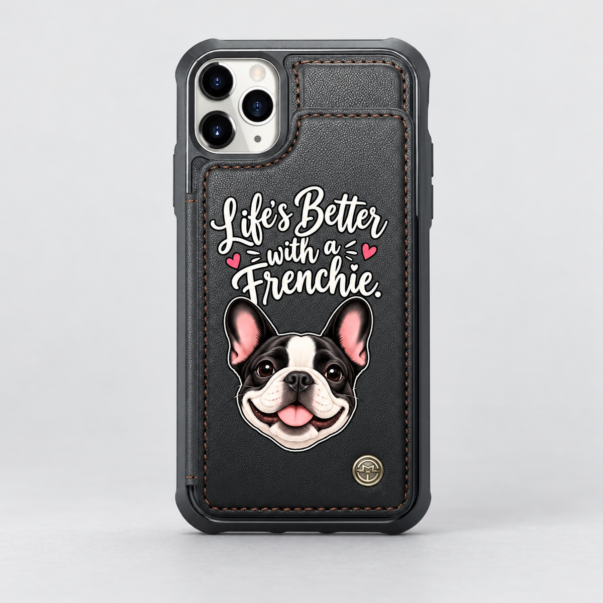 French Bulldog wallet phone case on a soft light-gray studio background