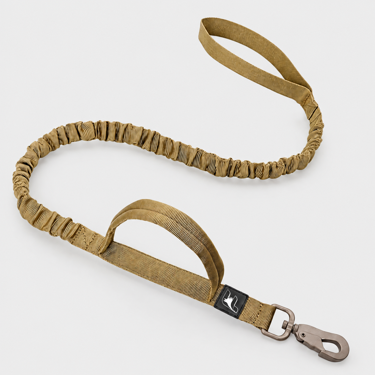Camel tactical dog leash with padded handles on a light gray background