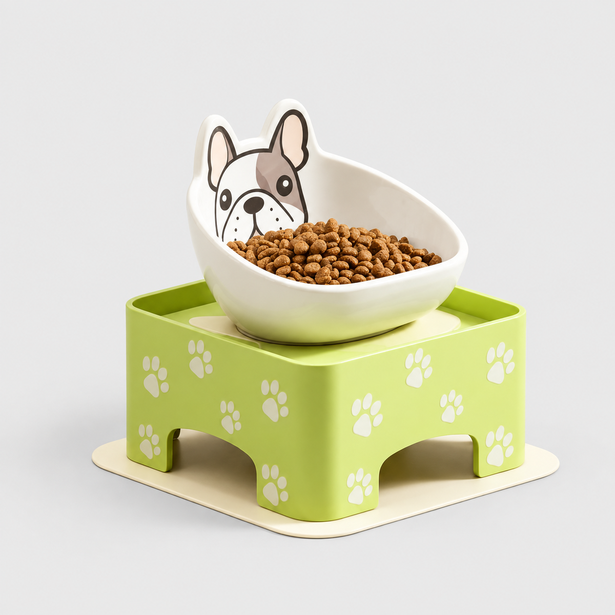 French Bulldog ceramic bowl on a green raised feeder on a light gray background