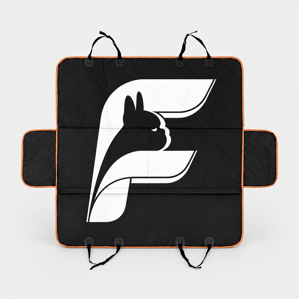 Black quilted dog car seat cover with The Frenchie Shop logo on a light gray background