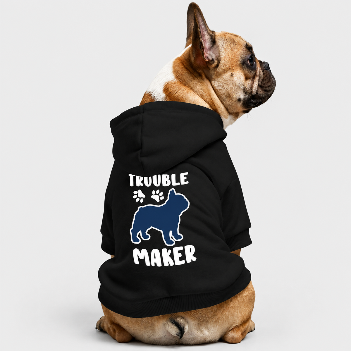French Bulldog wearing a black Trouble Maker hoodie on a light gray background
