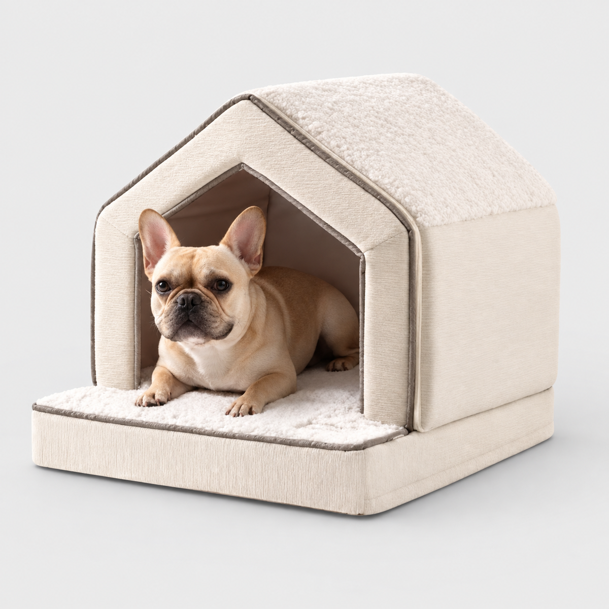 French Bulldog resting in a cream house-shaped dog bed on a light gray background