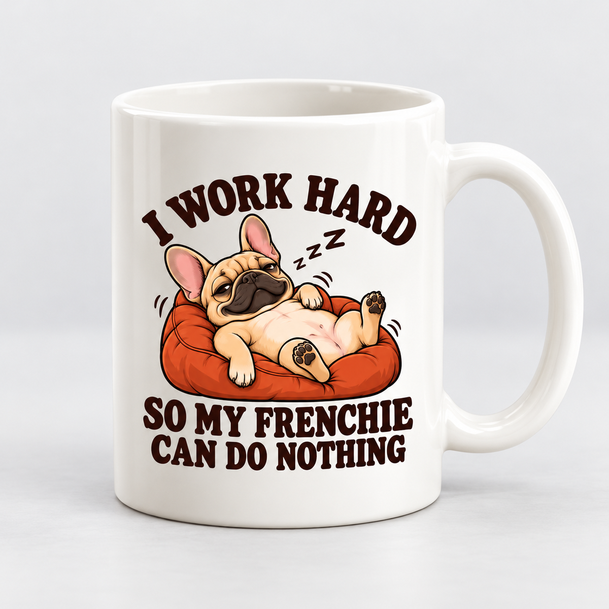 White French Bulldog coffee mug on a soft light-gray studio background