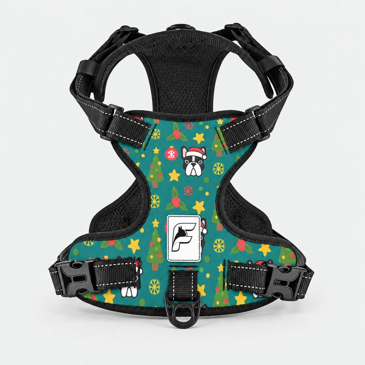Festive Frenchie Christmas dog harness, green no-pull vest with Santa-hat dogs, trees and stars