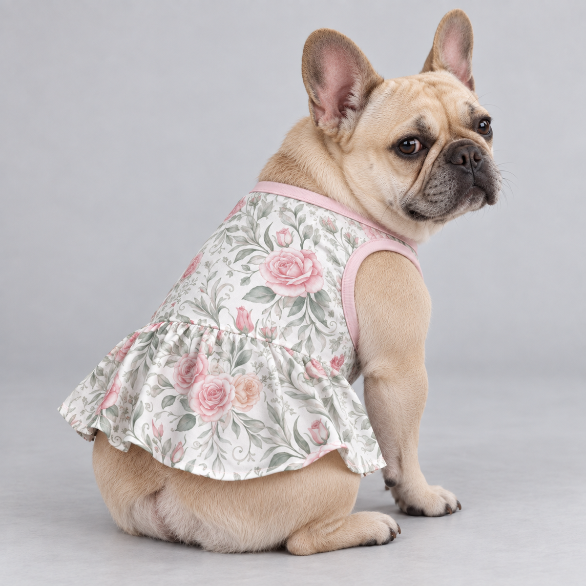 Soft Pink Rose Floral French Bulldog Ruffle Dress