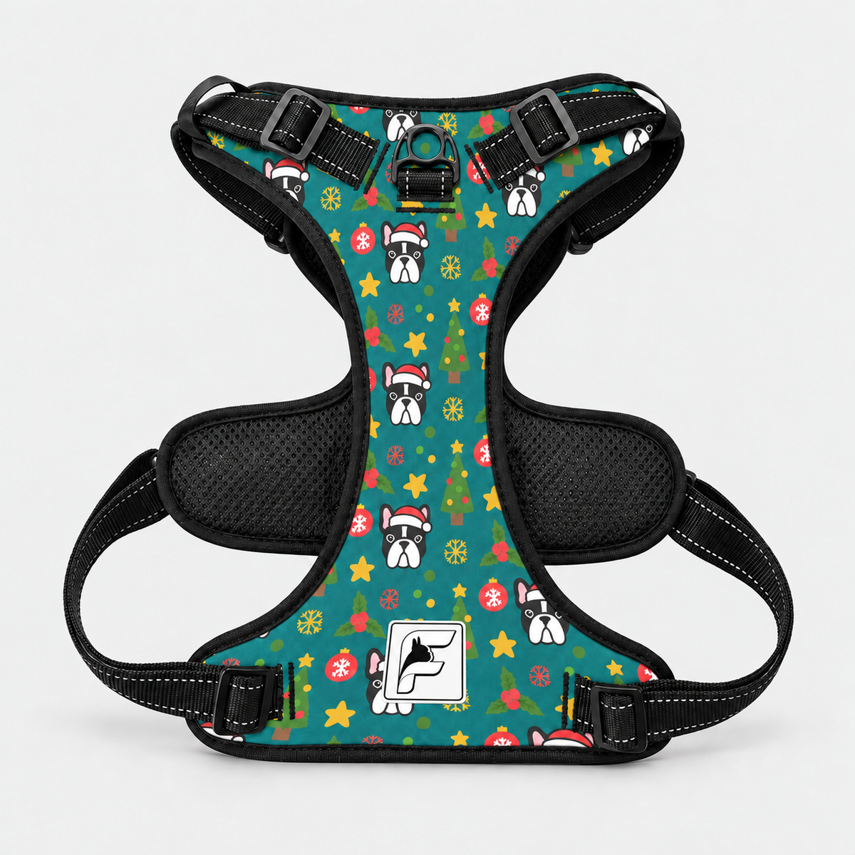 Festive Frenchie Christmas no-pull dog harness with padded vest and breathable mesh lining