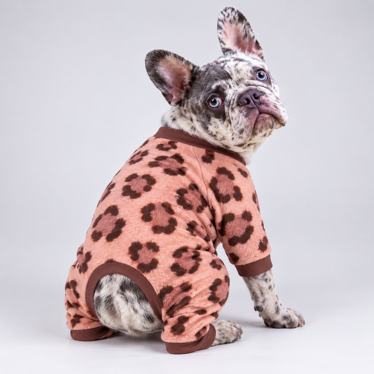 Blush Leopard French Bulldog Pajamas – Soft Dog Sleepwear back view on French Bulldog
