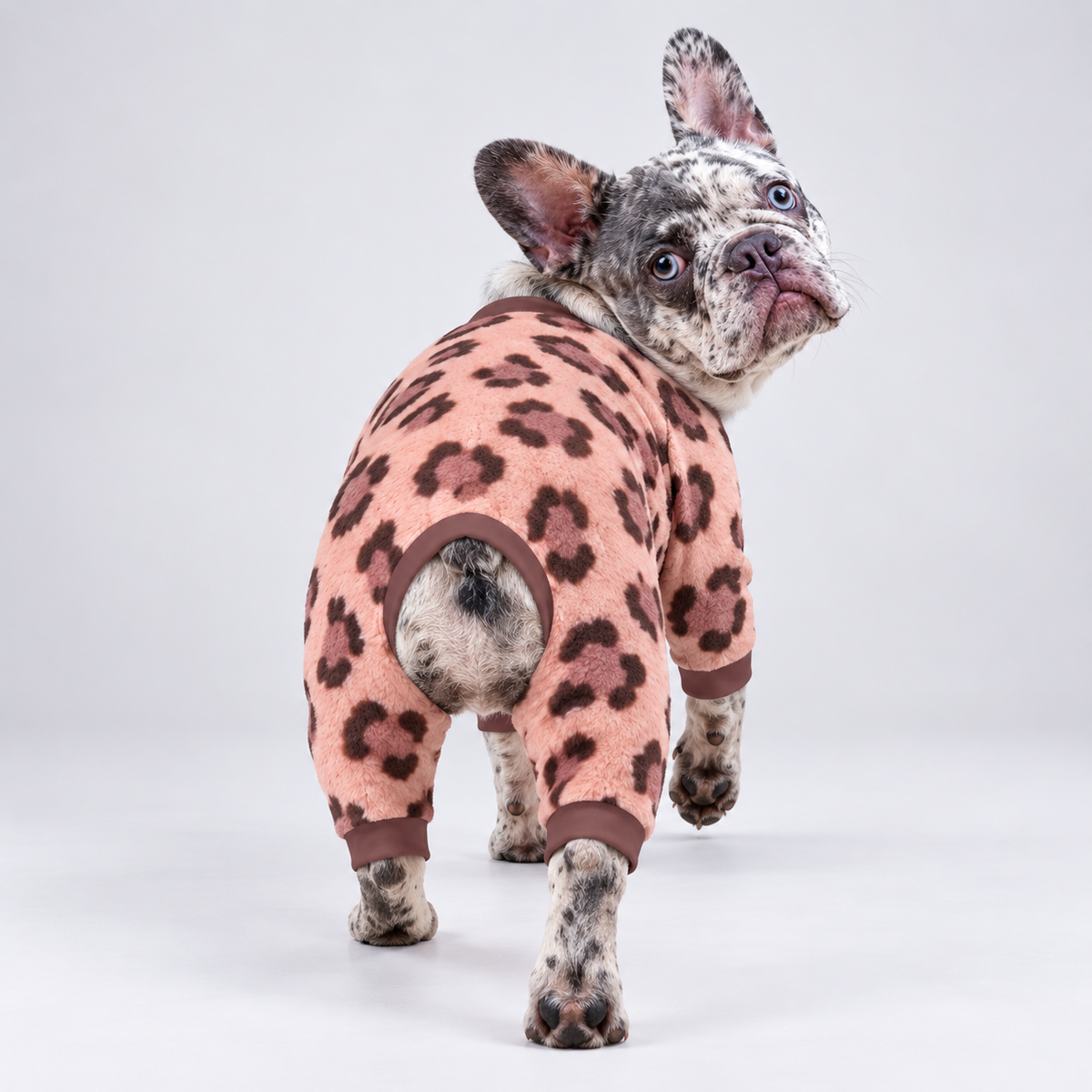 Blush Leopard French Bulldog Pajamas – Soft Dog Sleepwear rear three-quarter view