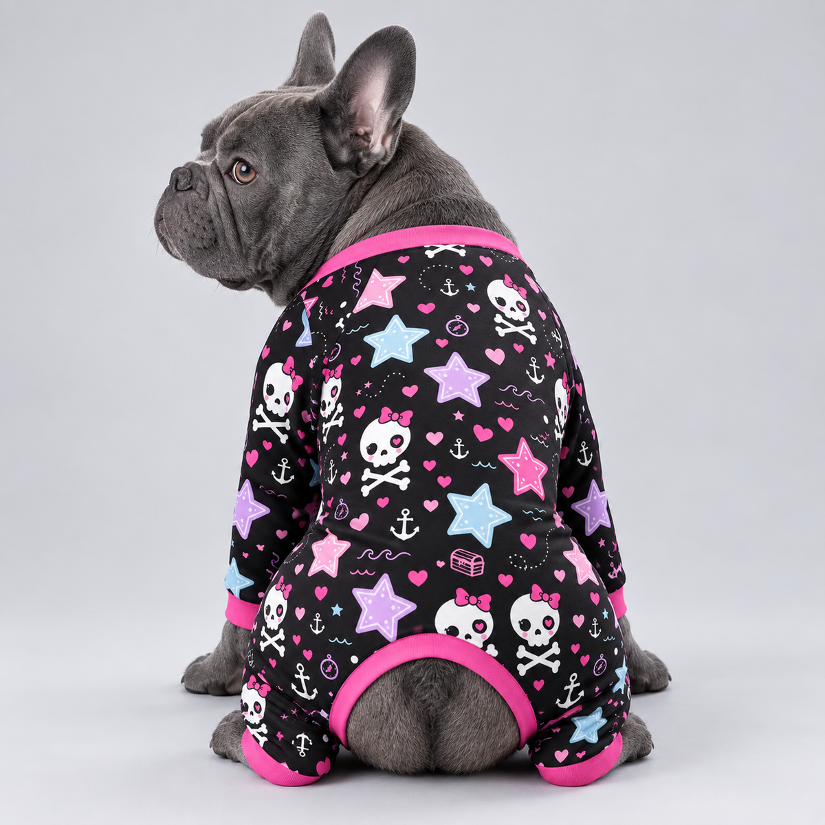 Pink Pirate Skull French Bulldog Pajamas – Soft Dog Sleepwear back view on French Bulldog