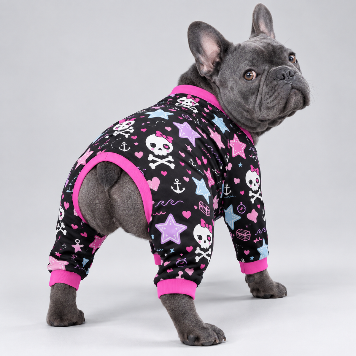 Pink Pirate Skull French Bulldog Pajamas – Soft Dog Sleepwear rear three-quarter view