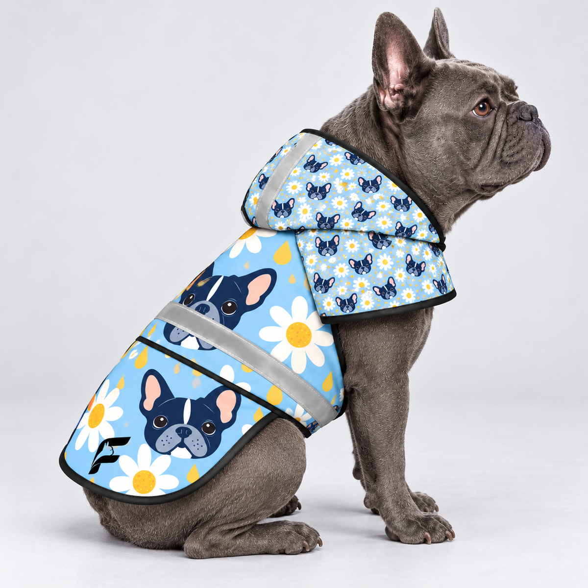 Daisy Drizzle French Bulldog raincoat — seated side view