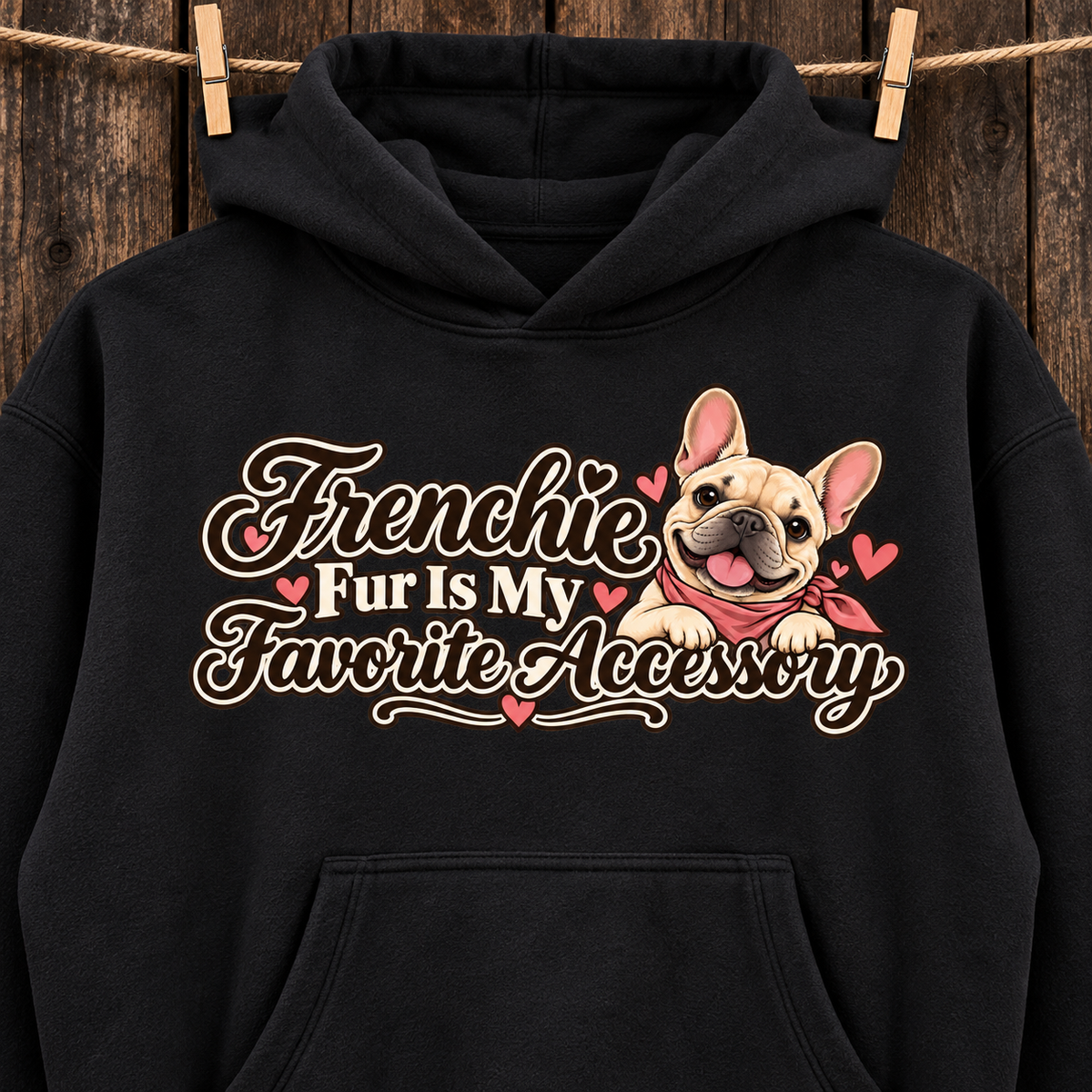 Woman wearing a black French Bulldog hoodie with the Frenchie Fur Is My Favorite Accessory front print.