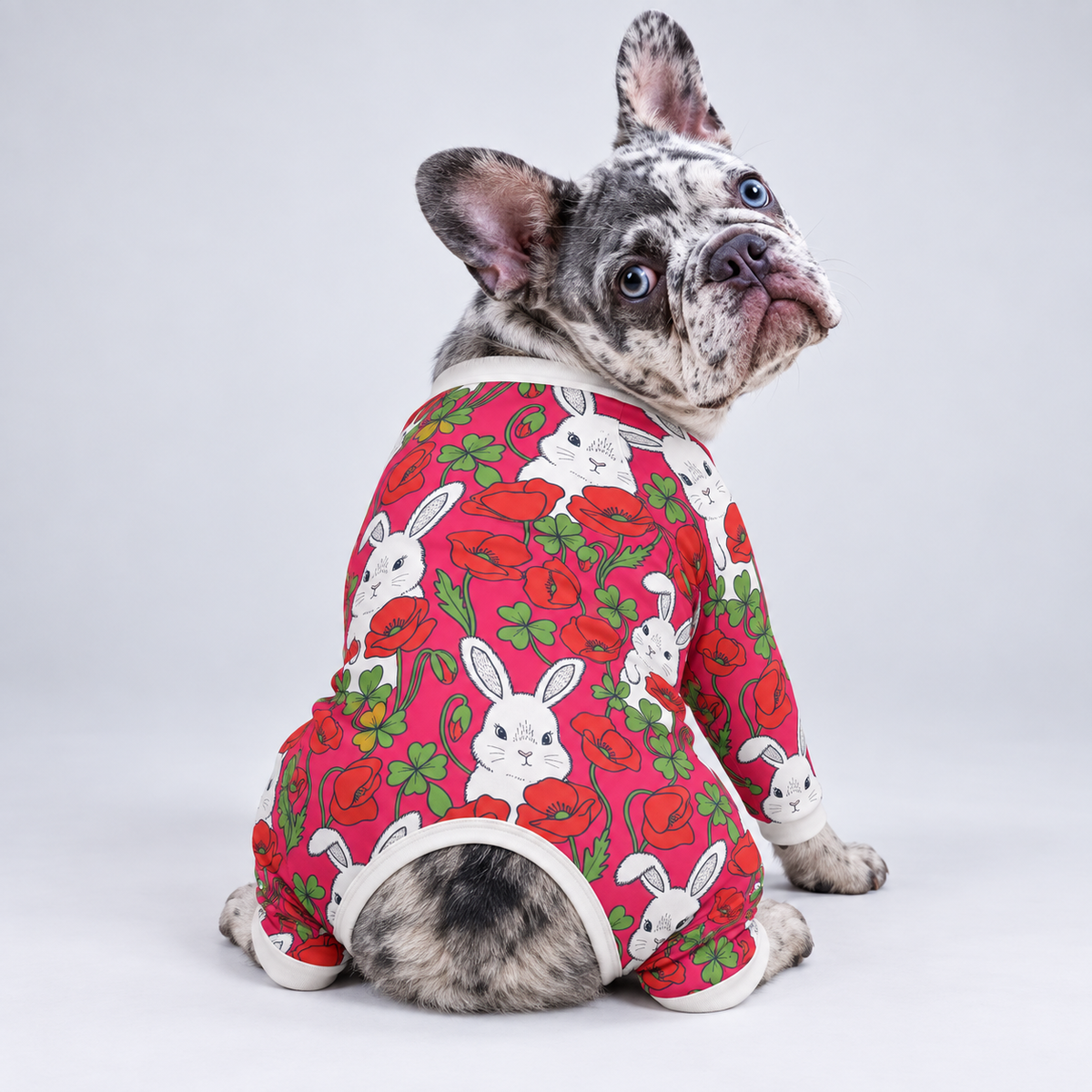 Floral Bunny French Bulldog Pajamas – Soft Dog Sleepwear rear three-quarter view
