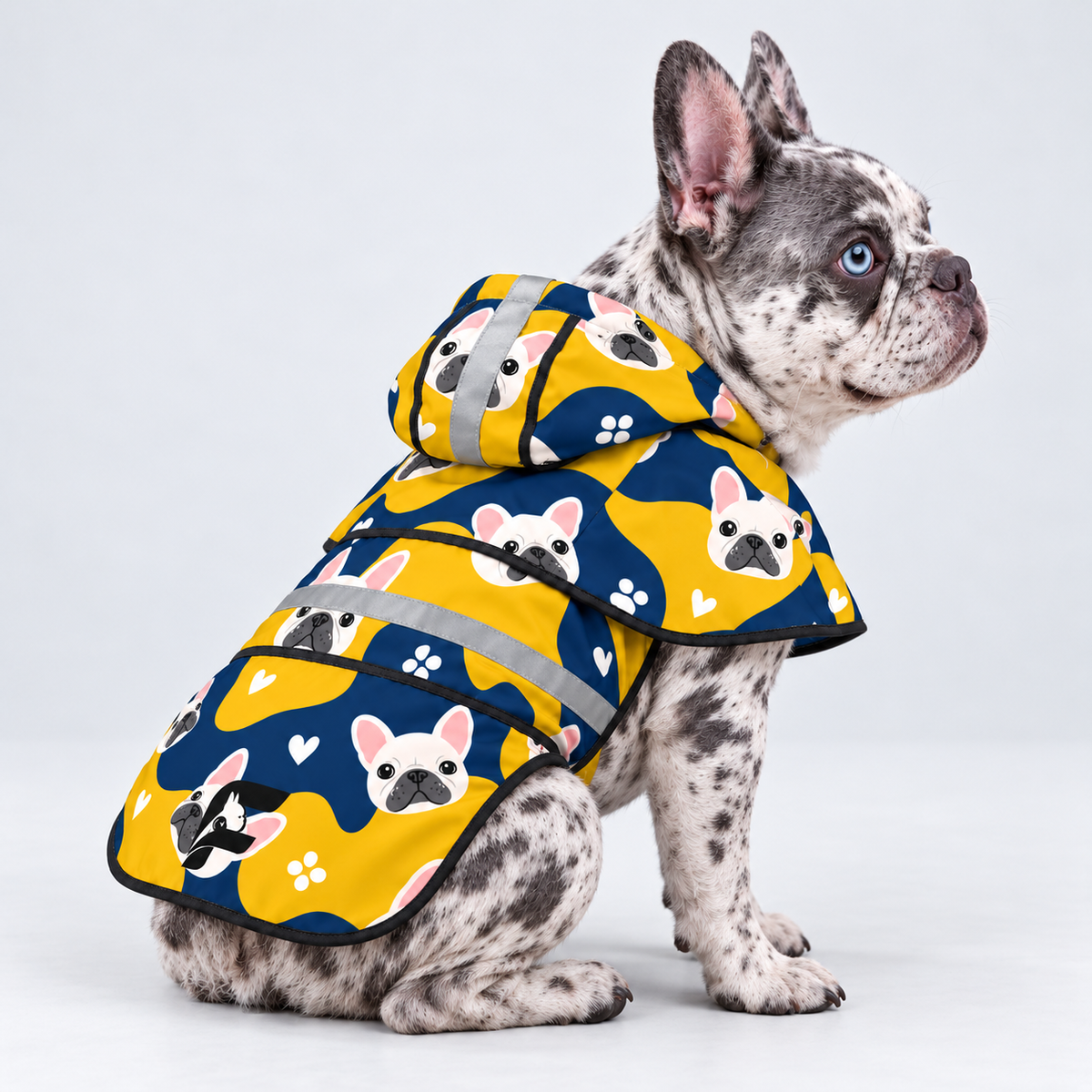 Sunshine Stroll French Bulldog raincoat — seated side view