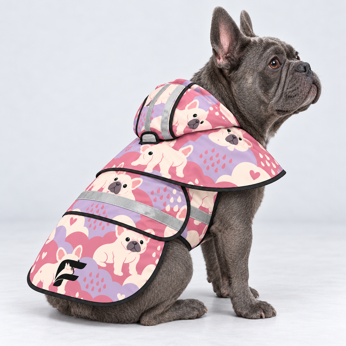Rose Cloud French Bulldog raincoat — seated side view