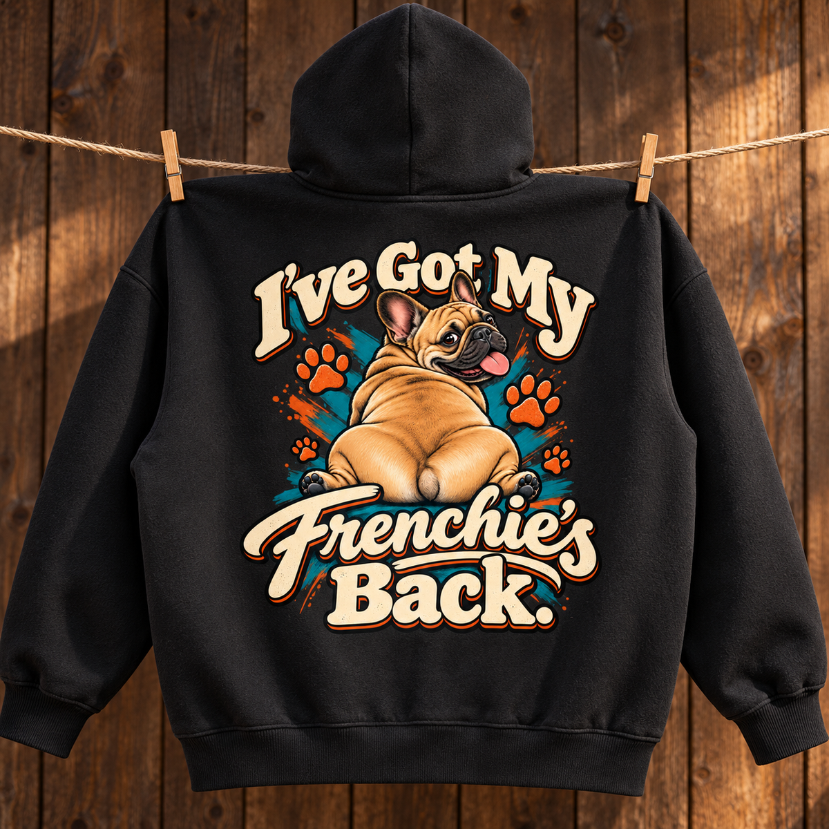Close-up of the I've Got My Frenchie's Back back print on a black French Bulldog hoodie.