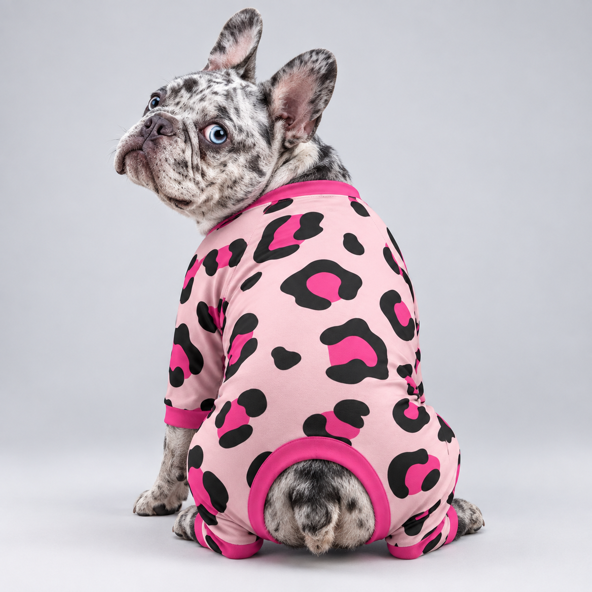 Pink Leopard French Bulldog Pajamas – Soft Dog Sleepwear rear three-quarter view