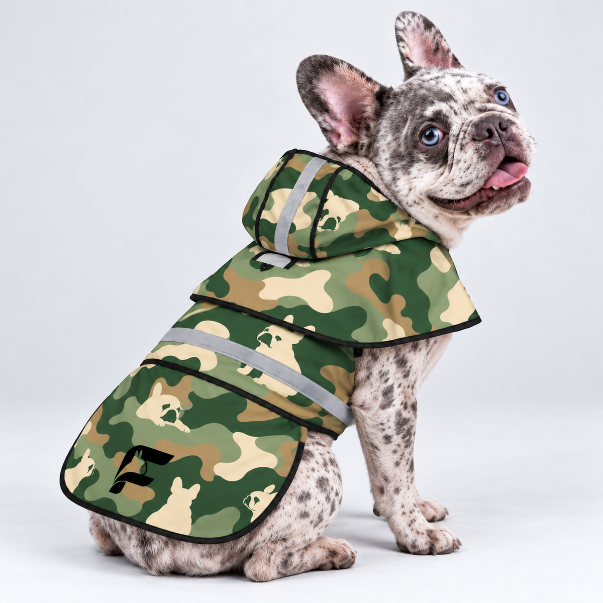 Forest Puddle French Bulldog raincoat — seated side view