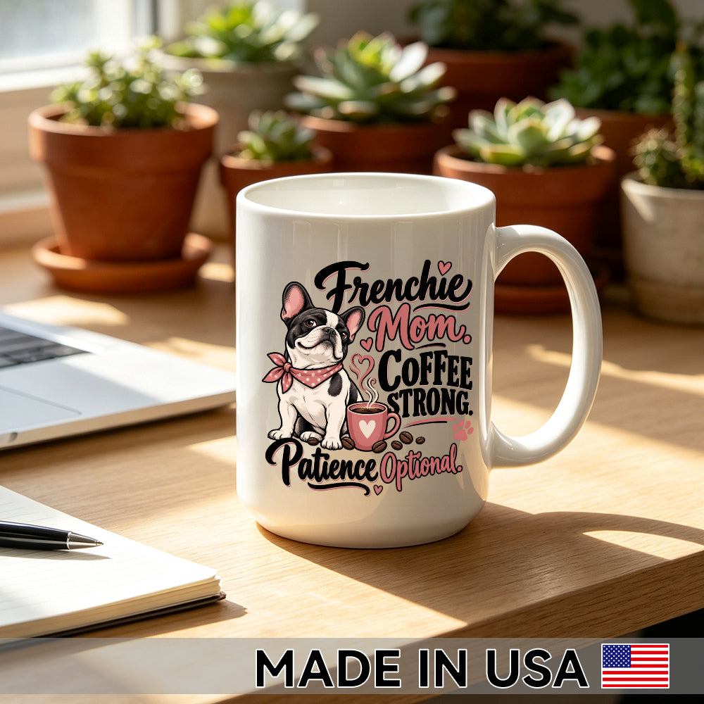 Frenchie Mom. Coffee Strong. Patience Optional. — French Bulldog Coffee Mug