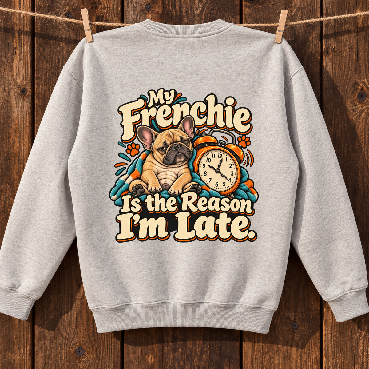 Close-up of My Frenchie Is the Reason I'm Late. back artwork on a oat gray fleece sweatshirt