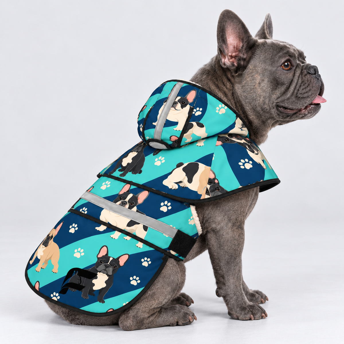 Coastal Splash French Bulldog raincoat — seated side view