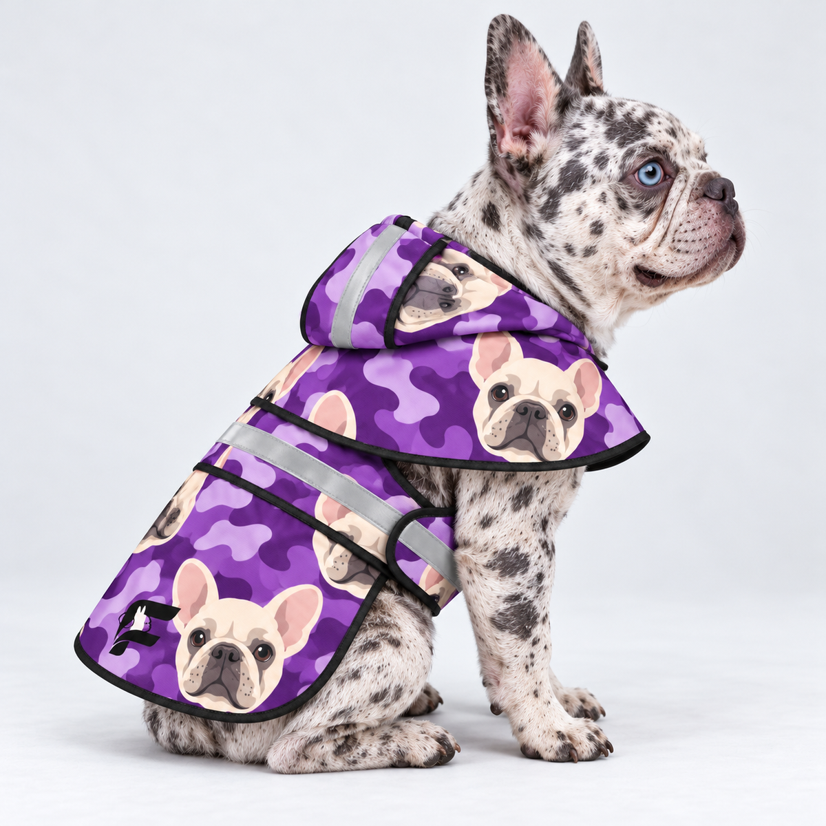 Lavender Mist French Bulldog raincoat — seated side view