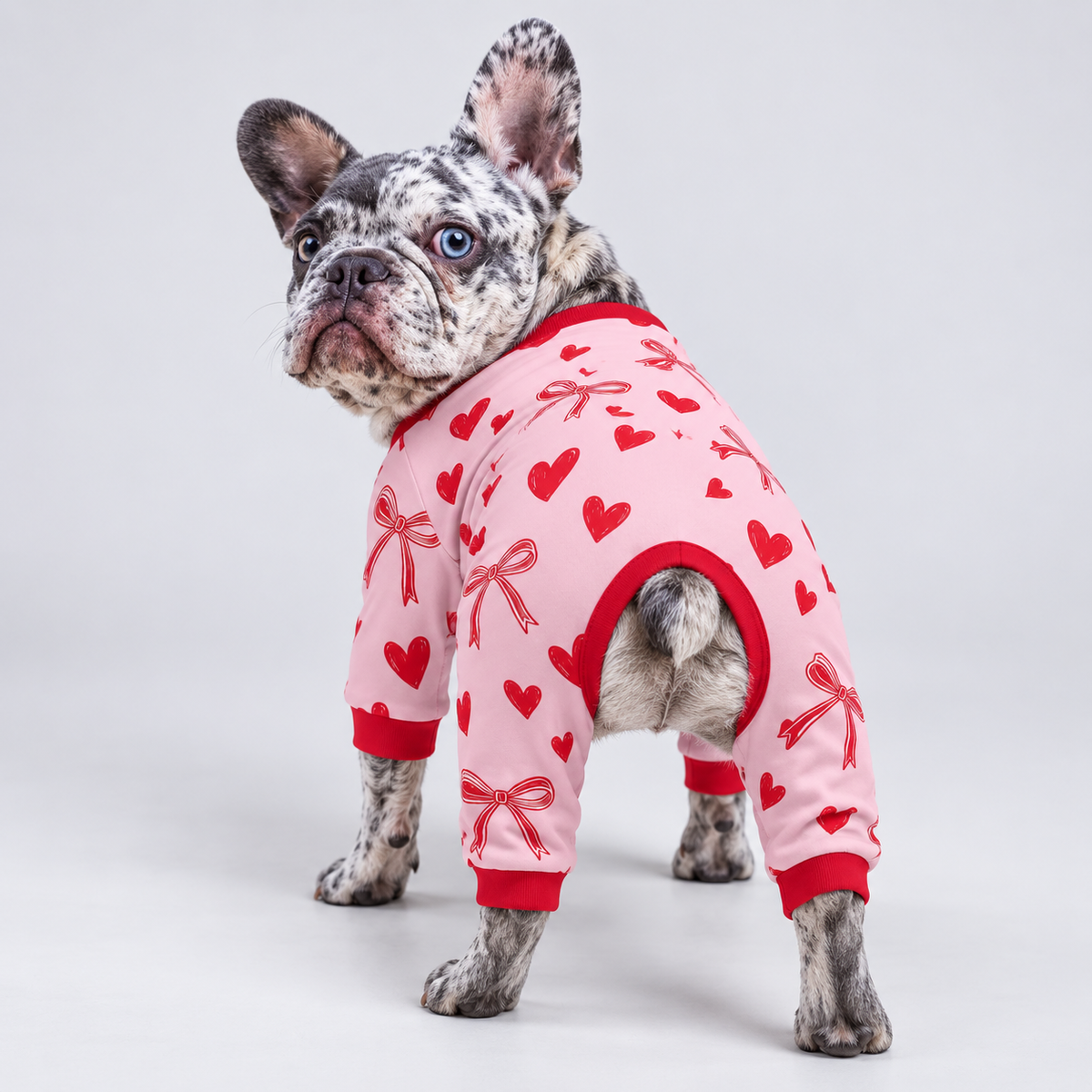 Sweetheart Bow French Bulldog Pajamas – Soft Dog Sleepwear rear three-quarter view