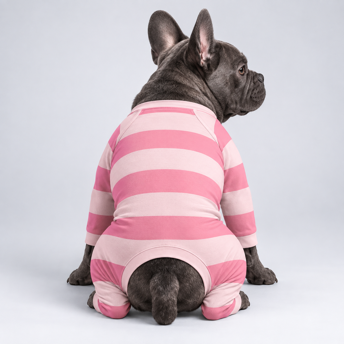 Pink Stripe French Bulldog Pajamas – Soft Dog Sleepwear rear three-quarter view