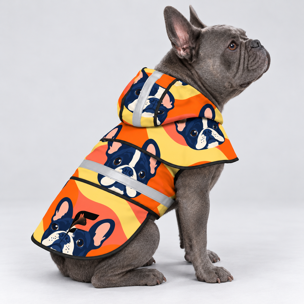 Citrus Spritz French Bulldog raincoat — seated side view