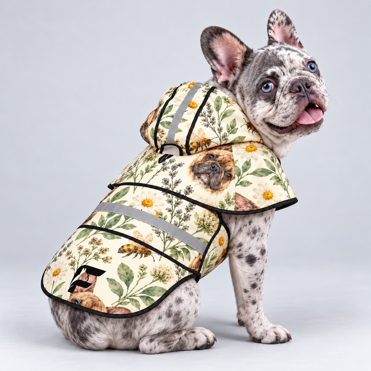 Bumble Frenchie French Bulldog raincoat — seated side view