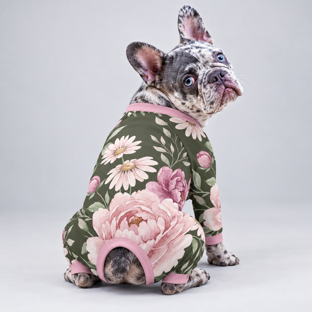 Sweet Floral French Bulldog Pajamas – Soft Dog Sleepwear rear three-quarter view