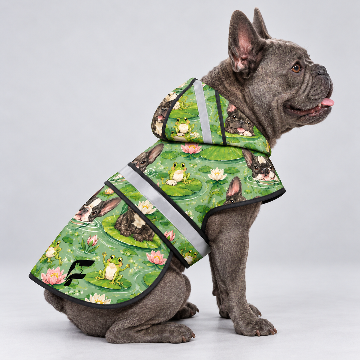 Pond Pals French Bulldog raincoat — seated side view