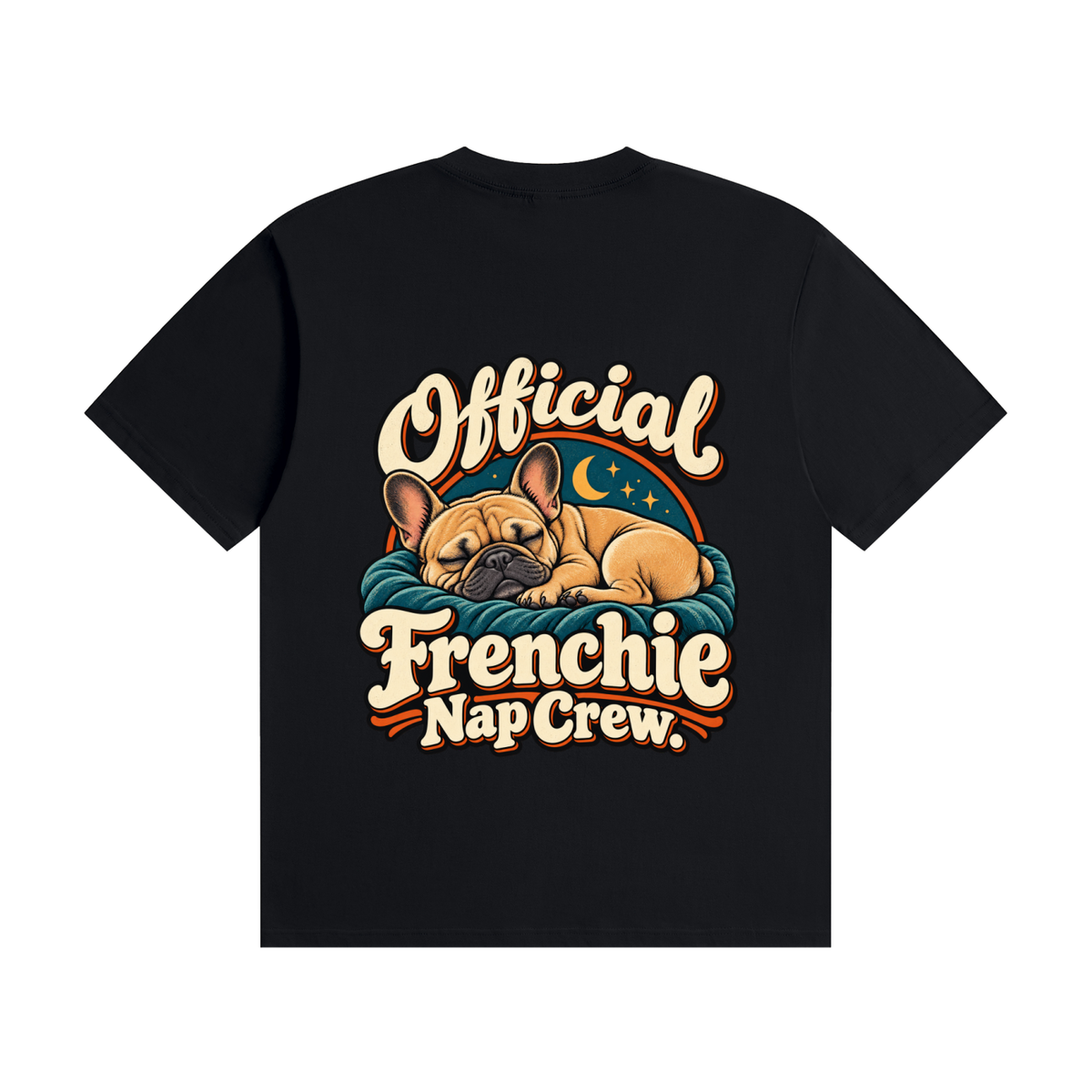 Black French Bulldog T-shirt back with Official Frenchie Nap Crew. design
