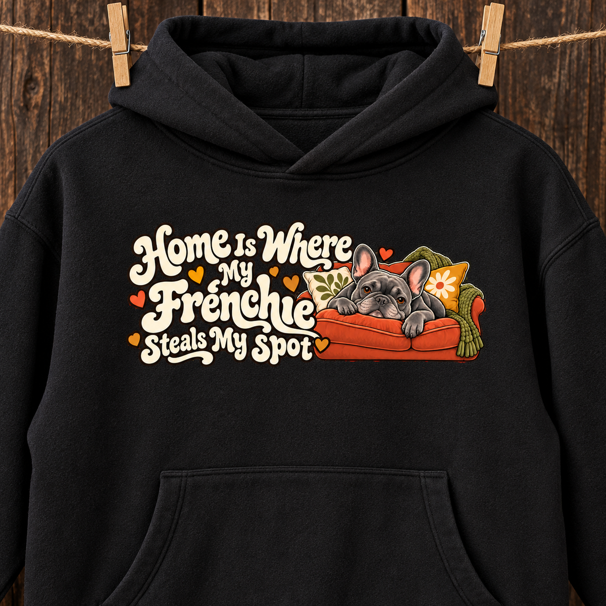 Woman wearing a black French Bulldog hoodie with the Home Is Where My Frenchie Steals My Spot front print.
