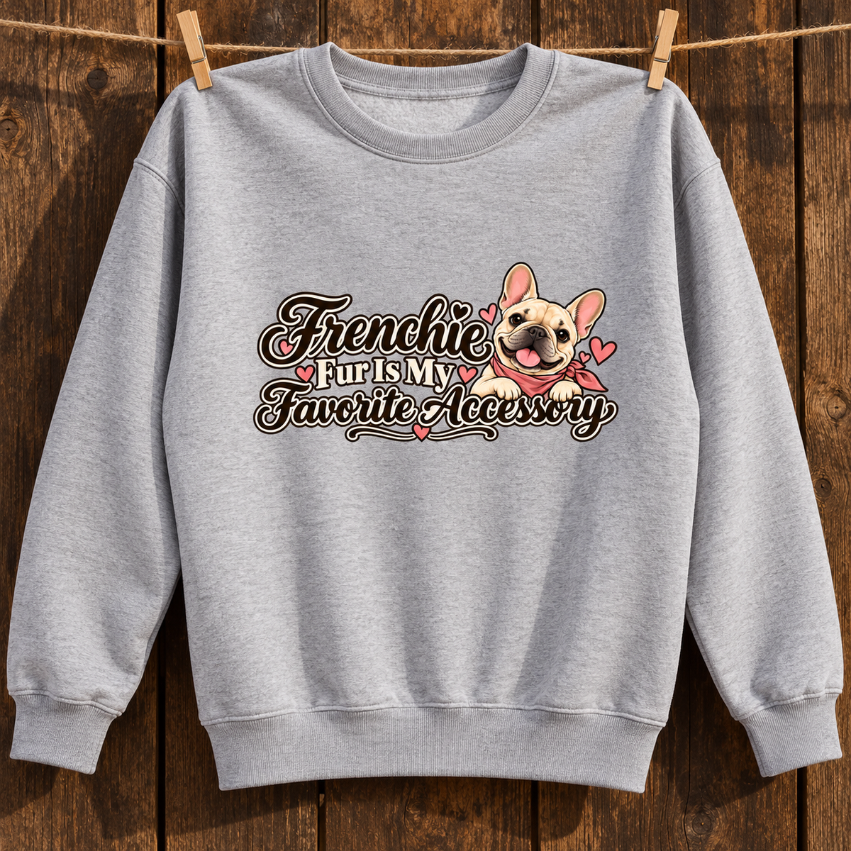 Model wearing a flower gray French Bulldog sweatshirt with Frenchie Fur Is My Favorite Accessory on the front