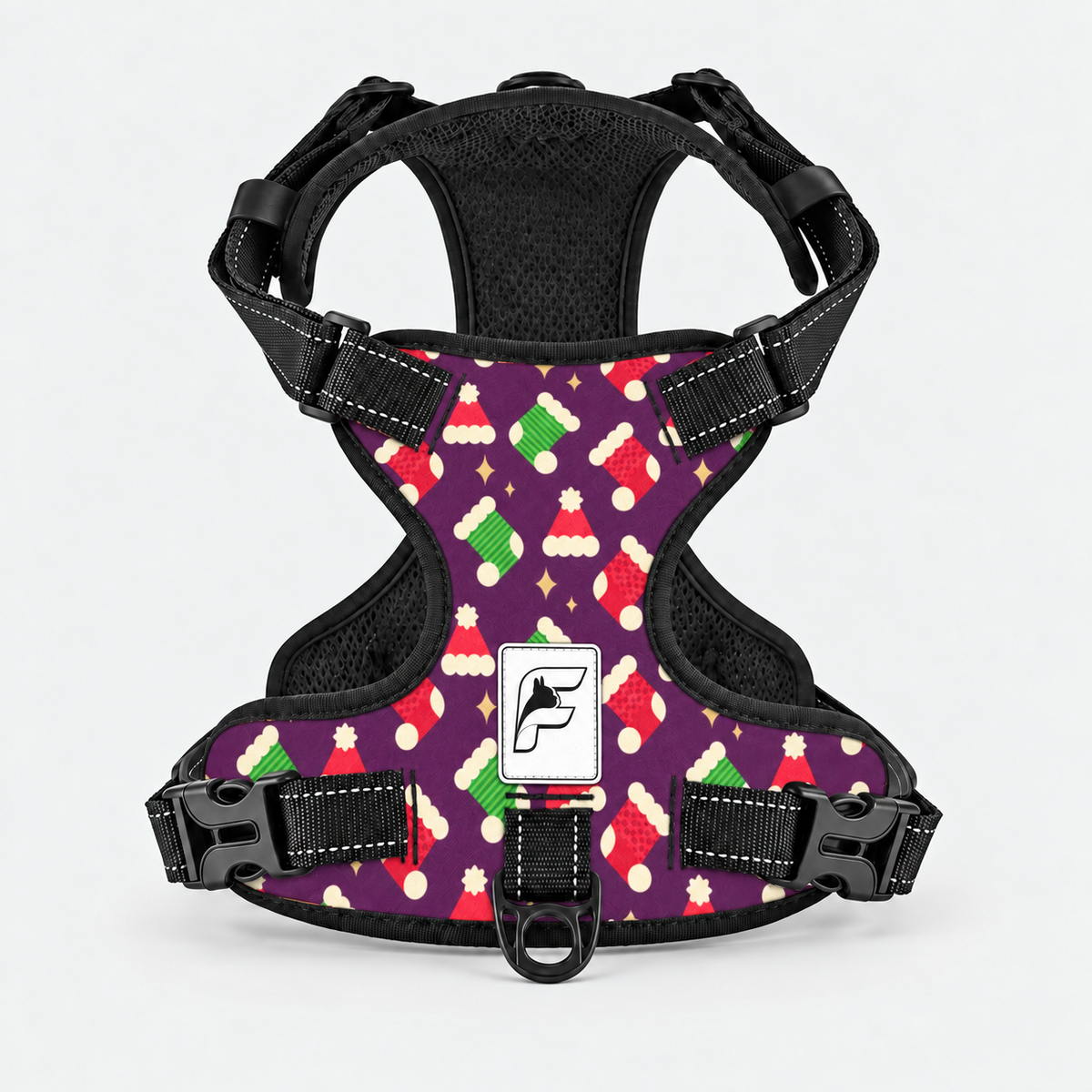 Christmas Stockings French Bulldog harness, purple no-pull vest with stocking and Santa hat print