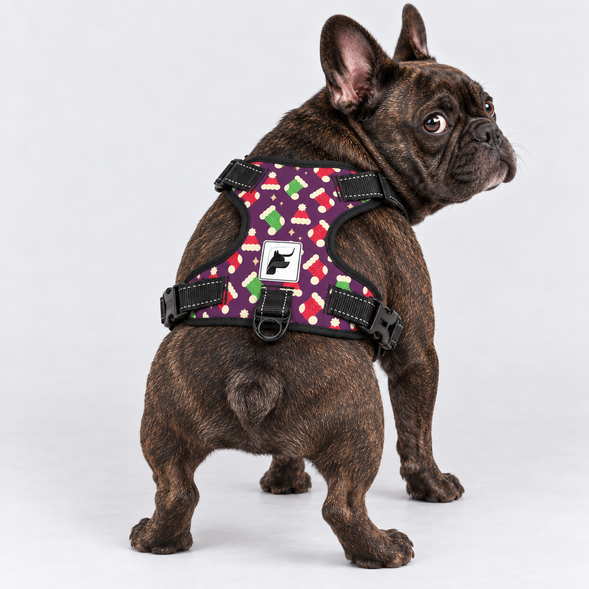 Christmas Stockings French Bulldog harness with adjustable neck and chest straps and side-release buckles