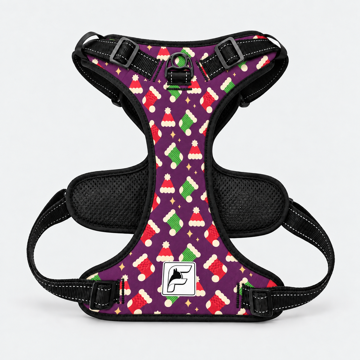 Christmas Stockings no-pull harness for French Bulldogs with black trim and padded mesh lining