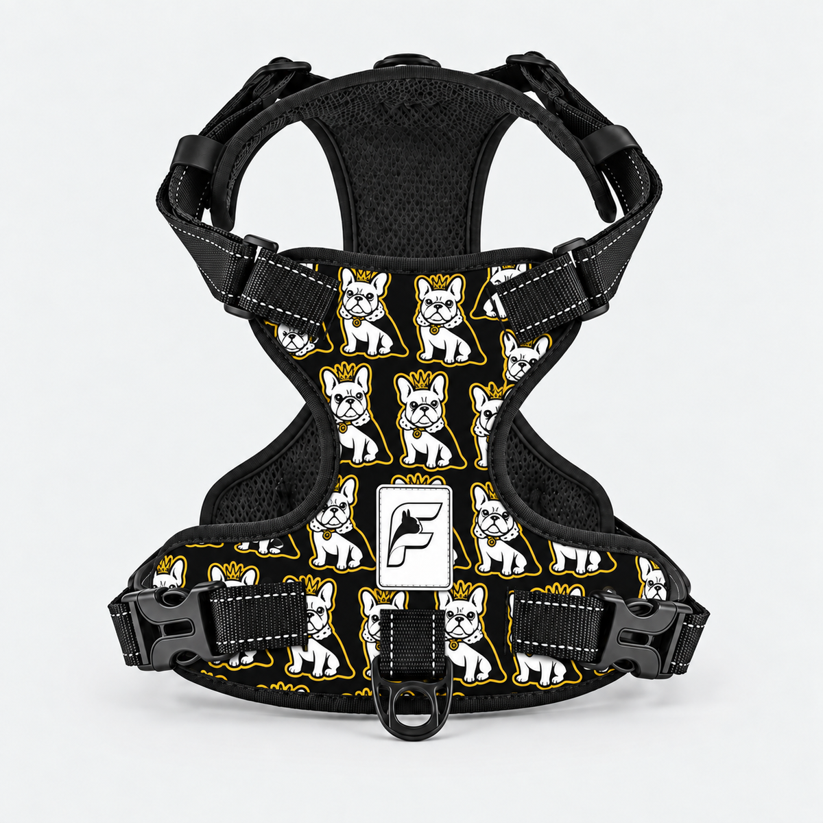 Frenchie Sketch dog harness, black no-pull vest with white sketch print, yellow outlines and black trim