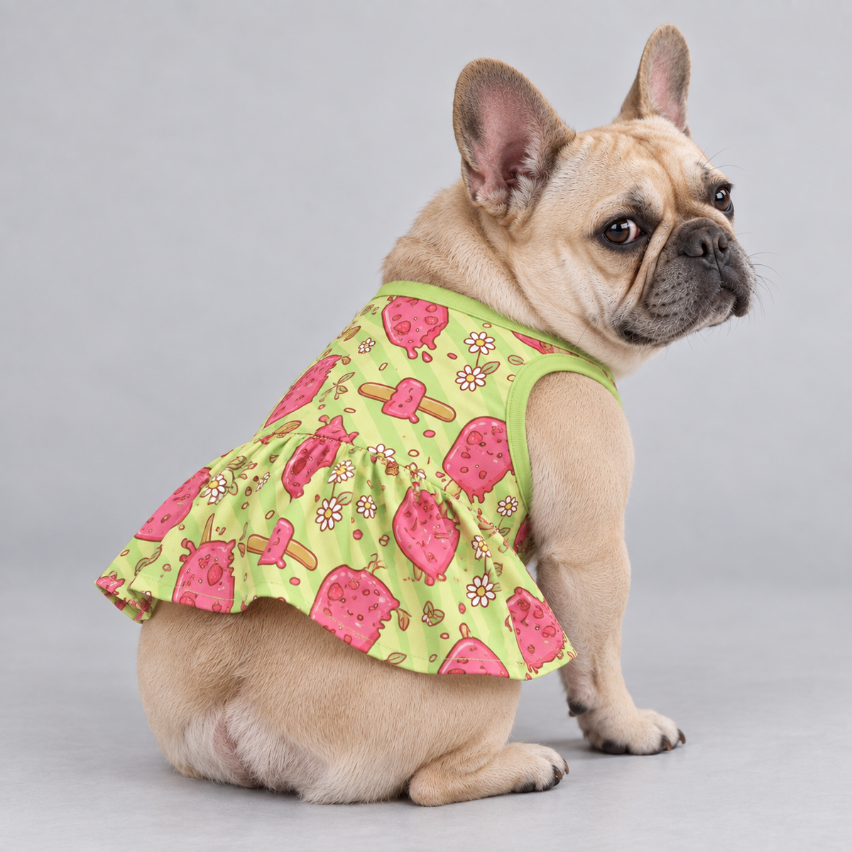 Sweet Strawberry Popsicle French Bulldog Ruffle Dress