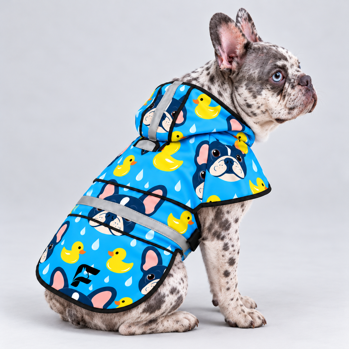 Ducky Day French Bulldog raincoat — seated side view