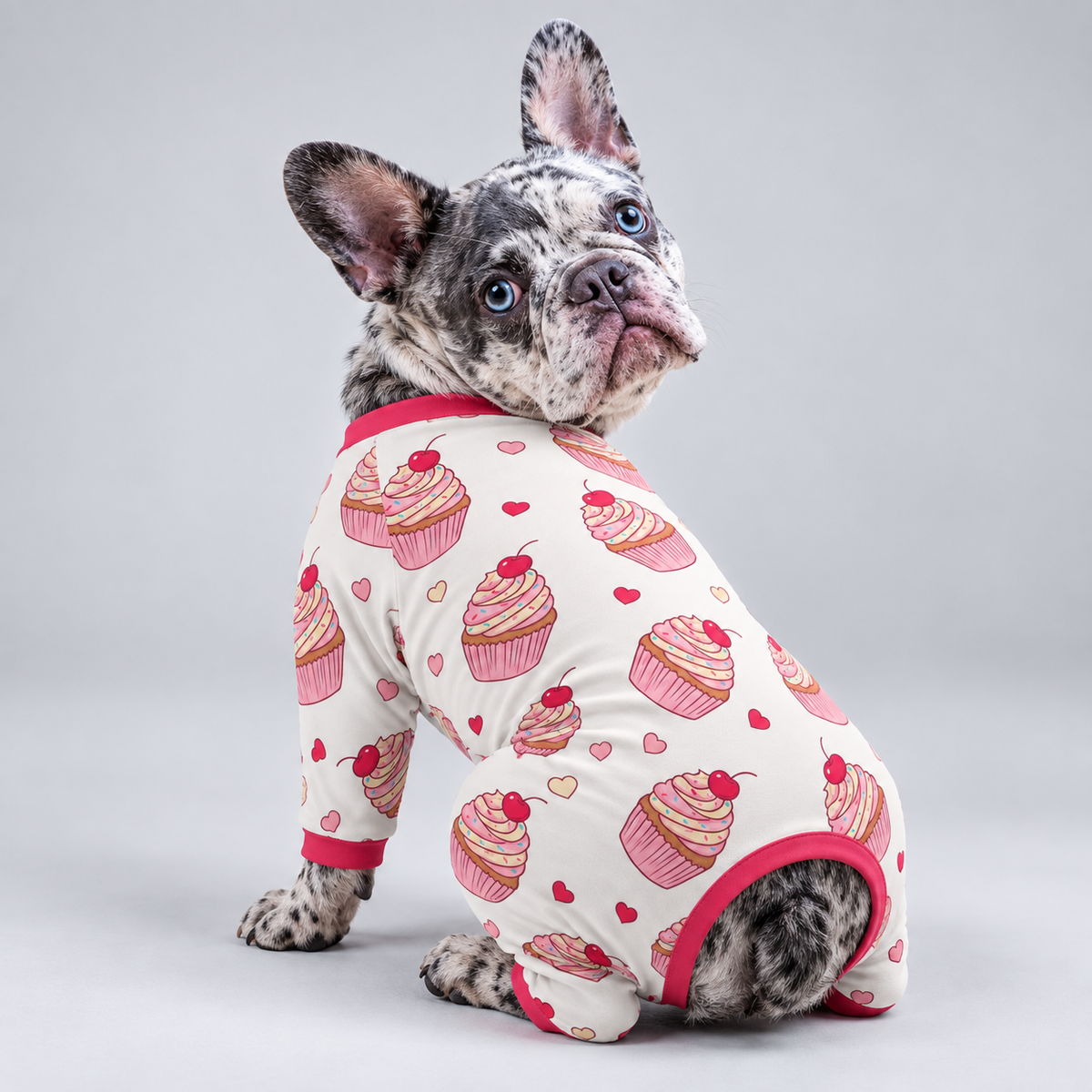 Sweet Cupcake French Bulldog Pajamas – Soft Dog Sleepwear back view on French Bulldog