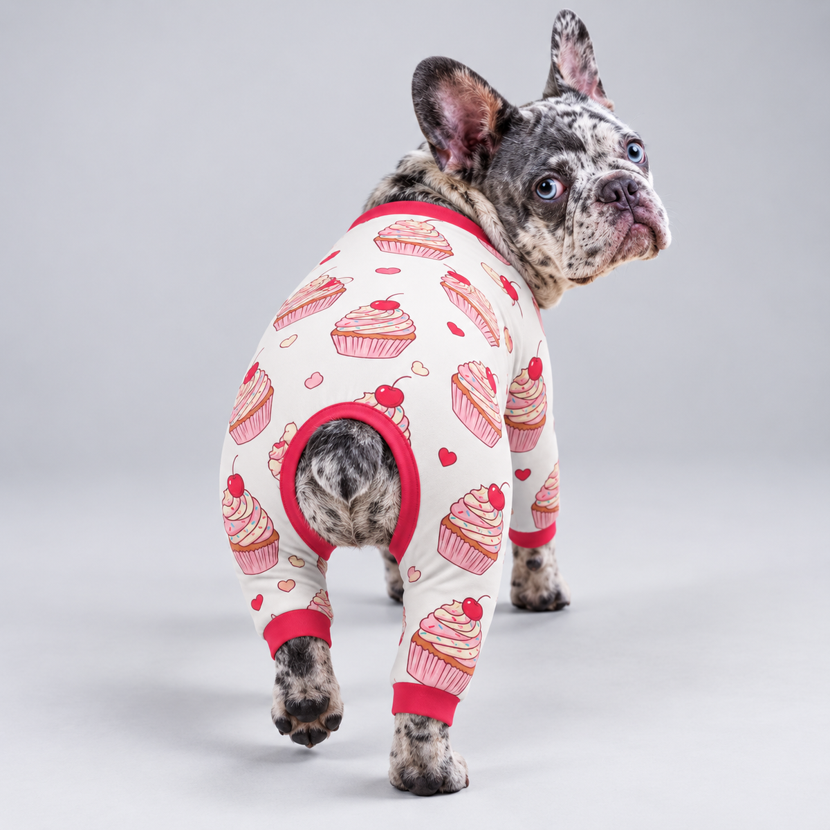 Sweet Cupcake French Bulldog Pajamas – Soft Dog Sleepwear rear three-quarter view