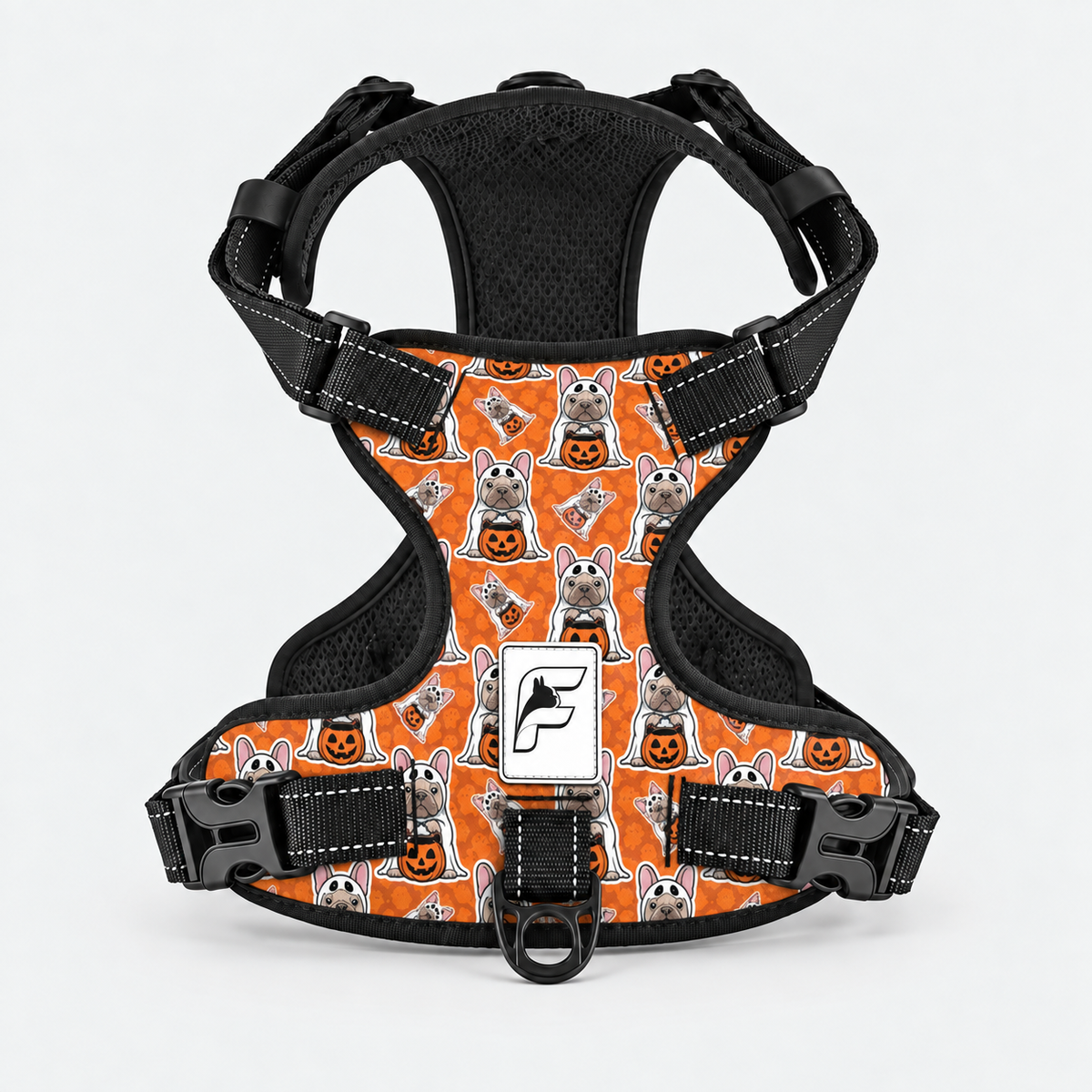 Pumpkin Pup French Bulldog harness, orange no-pull vest with Halloween dog and pumpkin print