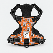 Pumpkin Pup French Bulldog harness, orange no-pull vest with Halloween dog and pumpkin print