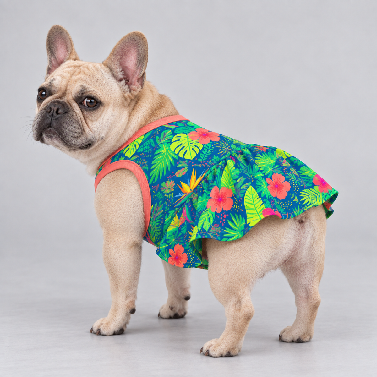Tropical Palm Hibiscus French Bulldog Ruffle Dress