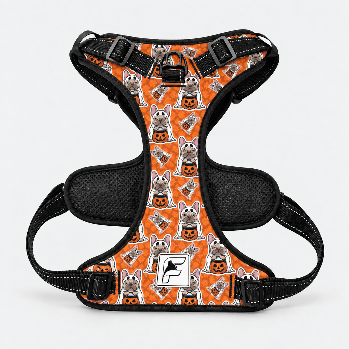 Pumpkin Pup no-pull harness for French Bulldogs with black trim and padded mesh lining