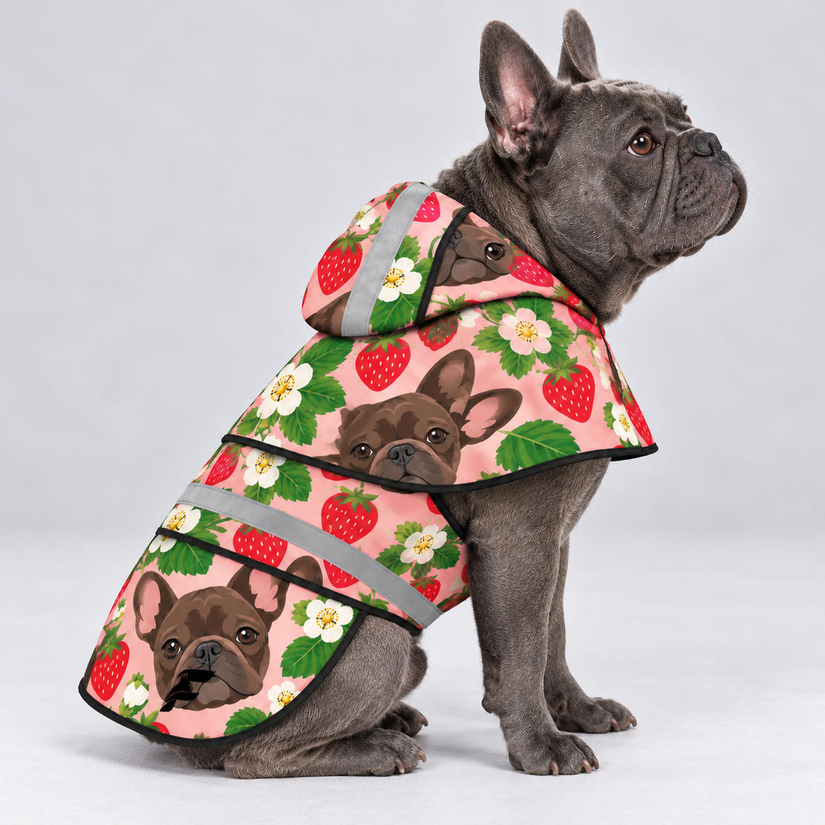 Berry Rain French Bulldog raincoat — seated side view