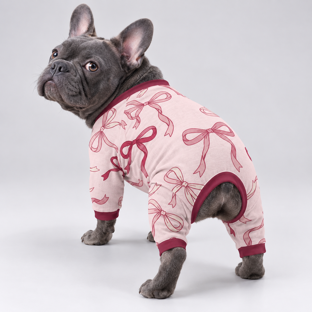 Sweet Ribbon French Bulldog Pajamas – Soft Dog Sleepwear rear three-quarter view