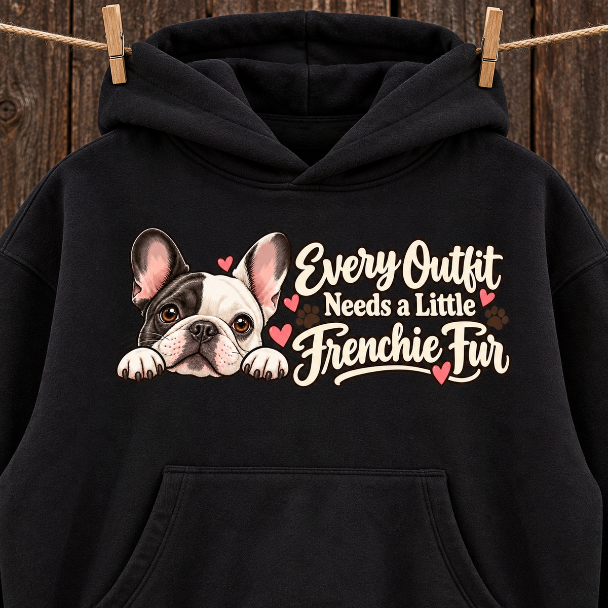 Woman wearing a black French Bulldog hoodie with the Every Outfit Needs a Little Frenchie Fur front print.